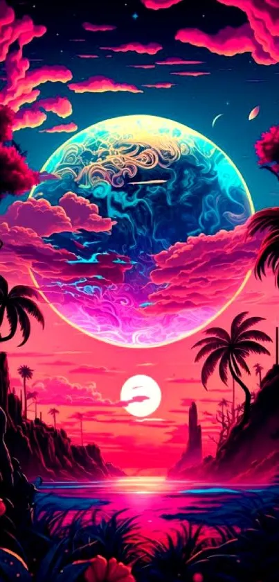 Vibrant cosmic tropical wallpaper with neon hues and celestial sky.