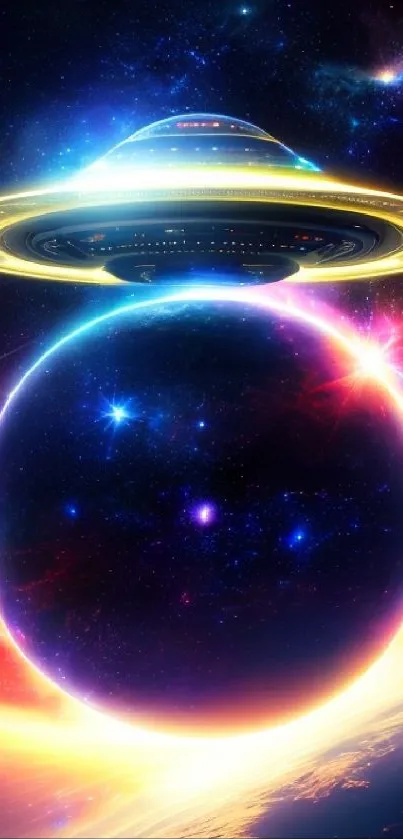 UFO hovering over a colorful planet with vibrant cosmic backdrop.