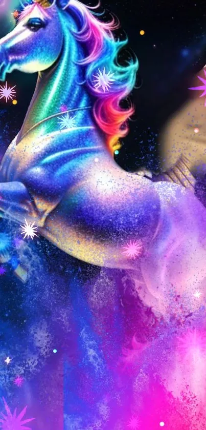 A vibrant, colorful unicorn against a starry cosmic background.