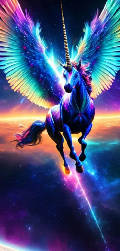 Colorful cosmic unicorn soaring with rainbow wings in a starry space backdrop.