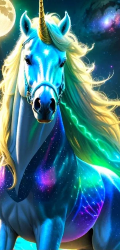 Vibrant cosmic unicorn with glowing mane in a galaxy night scene.