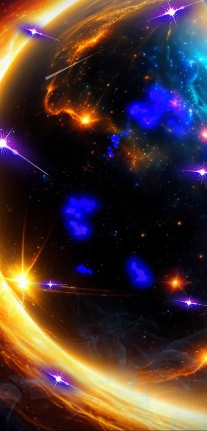 Vibrant cosmic universe wallpaper with glowing nebulas and bright stars.