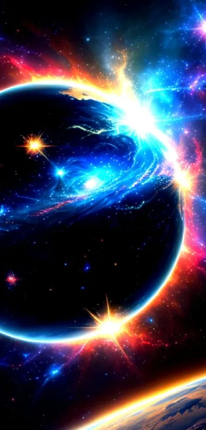 Colorful cosmic universe wallpaper with mysterious planet.