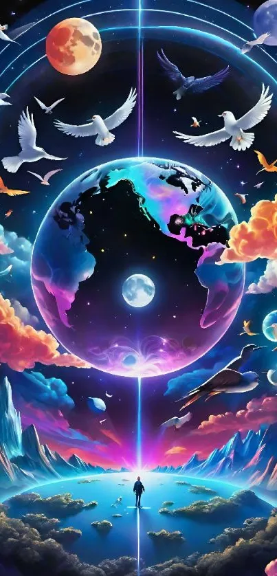 Vibrant cosmic universe wallpaper with planets and birds in surreal colors.