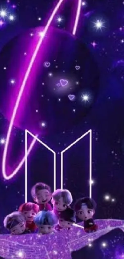 Purple cosmic wallpaper with stars and characters.