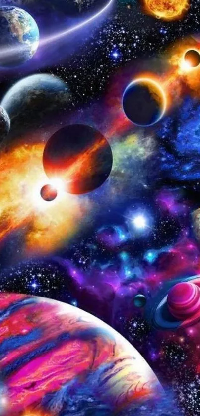 Vibrant cosmic wallpaper with planets and galaxies.