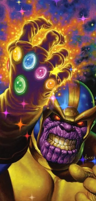 Cosmic villain with glowing stones in vibrant art.