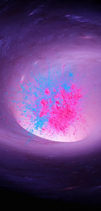 Vibrant cosmic vortex with purple hues and splashes of pink and blue.