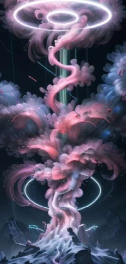 A mesmerizing cosmic vortex with pink and purple clouds and ethereal rings.