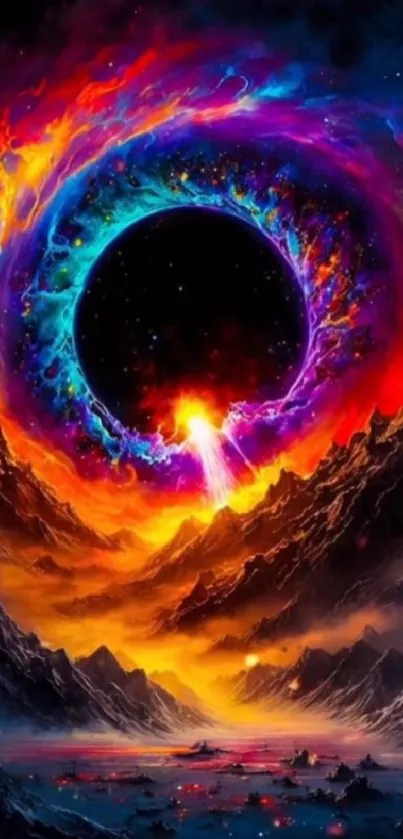 Vibrant cosmic vortex with fiery red hues and surreal landscape.