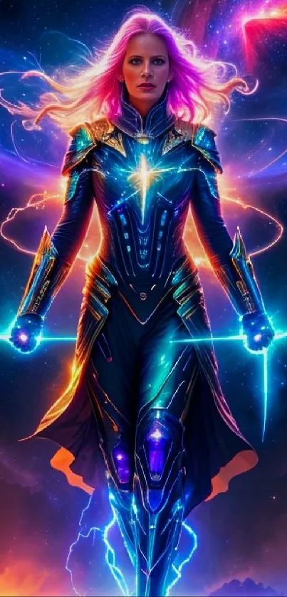 Cosmic warrior in vibrant colors with glowing aura and mystical surroundings.