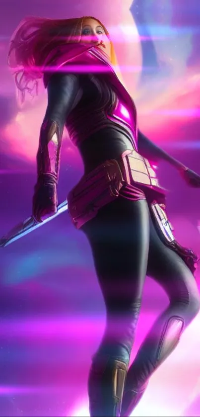 Futuristic cosmic warrior with vibrant purple glow.