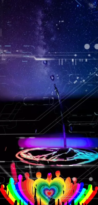 Mystical night sky with vibrant cosmic hues and rising water effect.