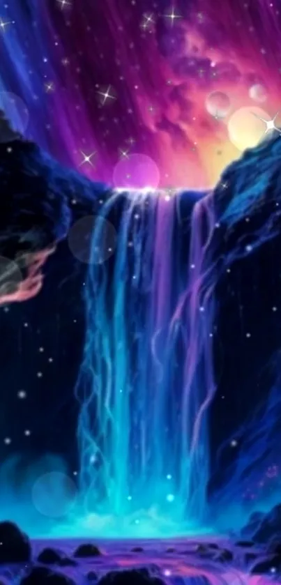 Cosmic waterfall with neon lights in a vibrant galaxy setting.