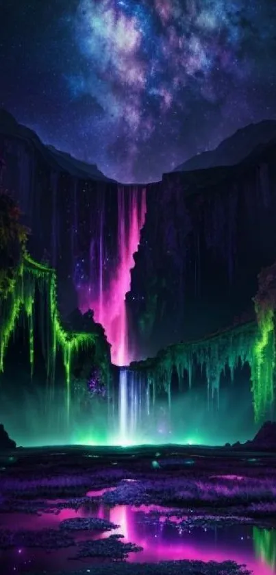 Galaxy waterfall with vibrant purple and green hues under a starry sky.