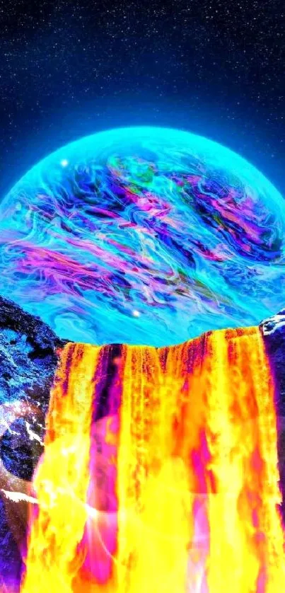 Vibrant wallpaper with cosmic waterfall and colorful planet.