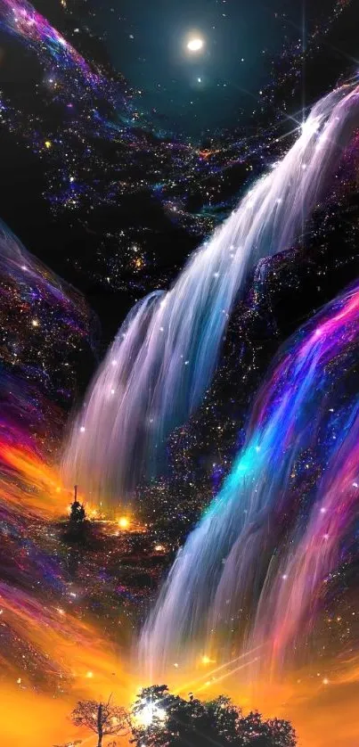 Cosmic waterfall under a starry night sky with vibrant colors flowing magnificently.