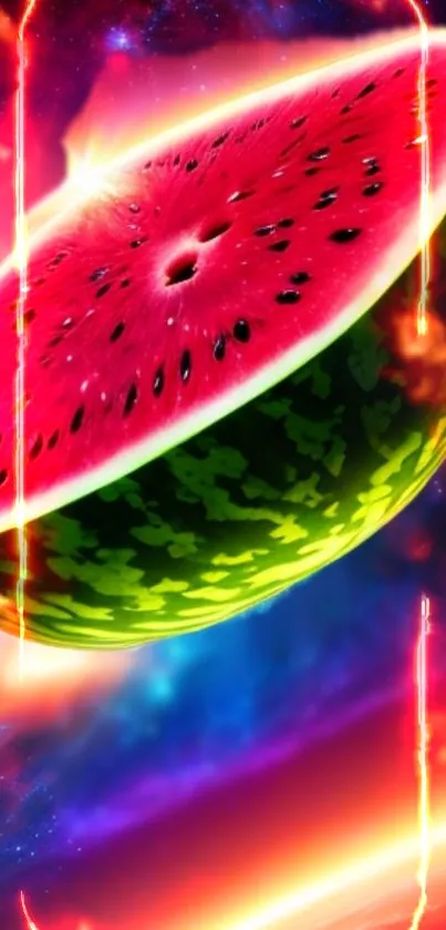 Cosmic watermelon floating in vibrant space scene.