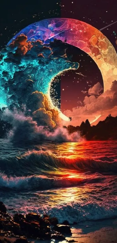 Vibrant cosmic wave merging with the moon with colorful reflections.