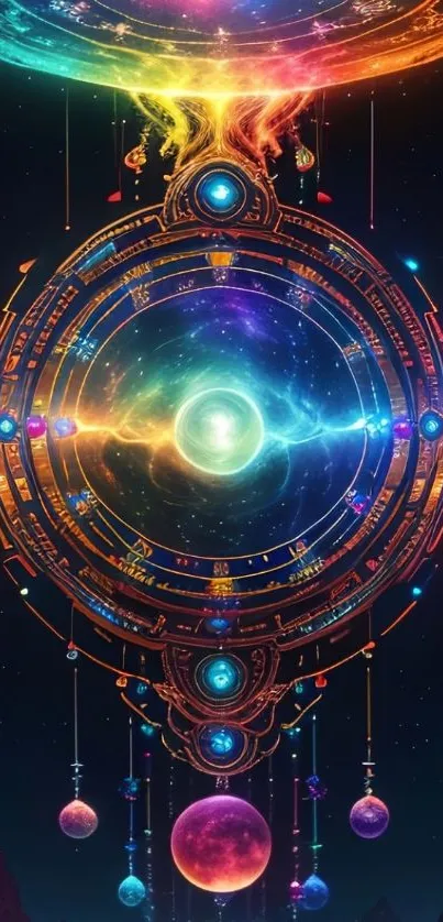 Colorful cosmic wheel wallpaper with planets and galaxies in vibrant hues.