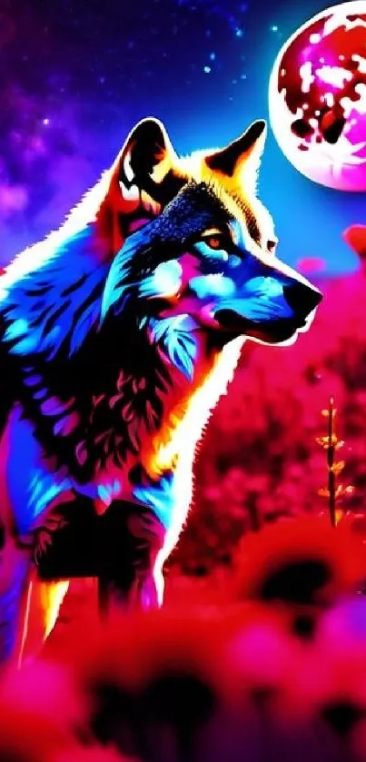 Colorful wolf with cosmic background and moon in vibrant art style.