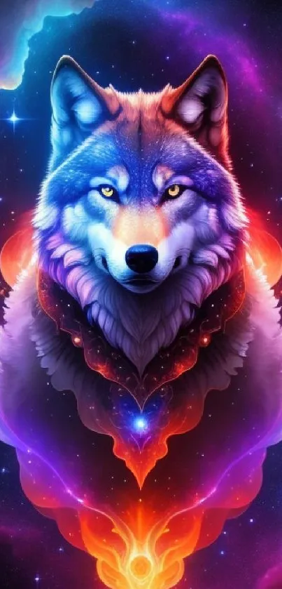 Vibrant cosmic wolf with galaxy background, glowing in luminous colors.