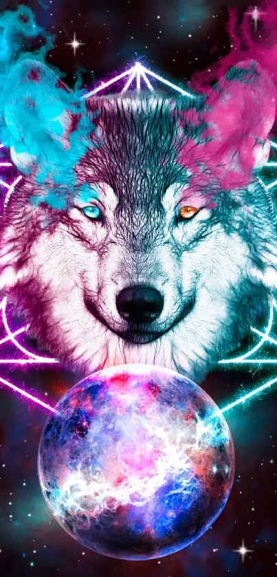 Cosmic wolf with neon hues and galaxy backdrop, vibrant phone wallpaper.