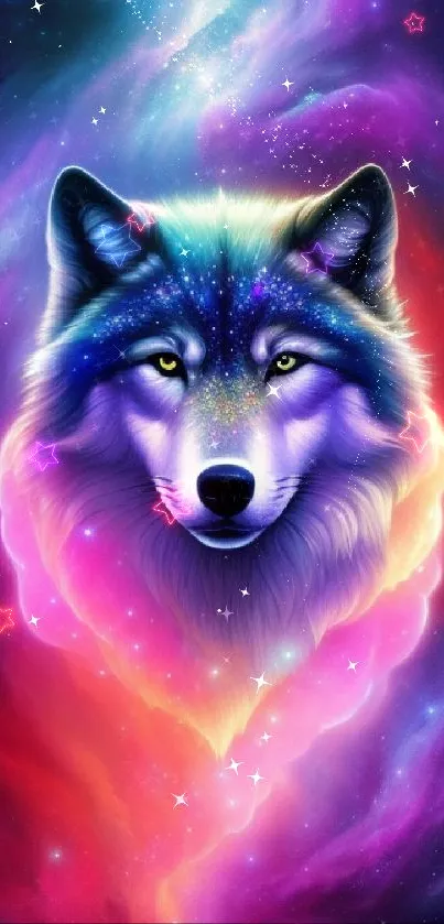 Cosmic wolf face with vibrant galaxy colors in a starry background.