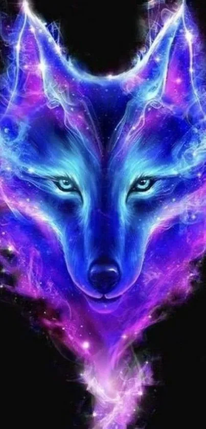 Vibrant cosmic wolf with glowing colors in blue and purple hues on a dark background.