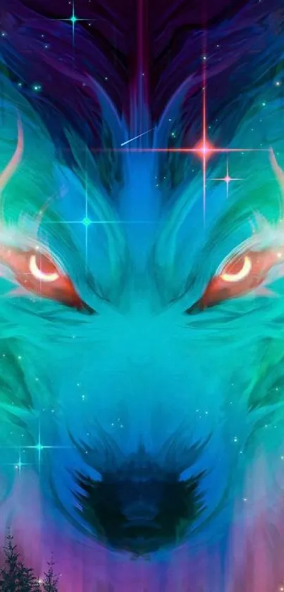 Mystical vibrant wolf with cosmic aura in teal hues.