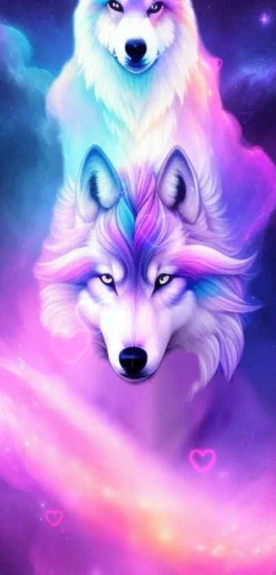 Vibrant cosmic wolf wallpaper with mystical colors and ethereal design.