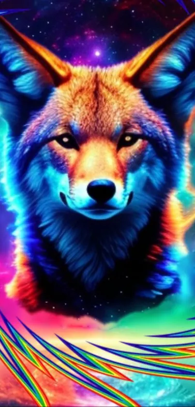 Colorful cosmic wolf with neon hues and galaxy background.