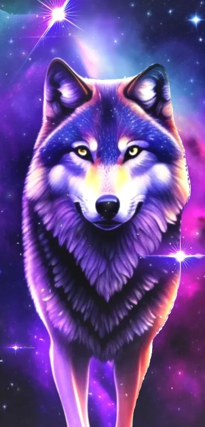 Cosmic wolf with vibrant purple galaxy background and stars, perfect for mobile wallpaper.