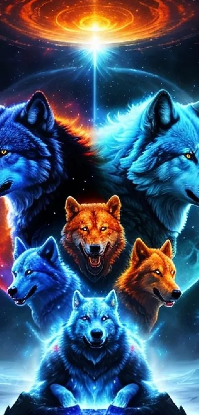 Cosmic wolf pack artwork with blue and orange hues