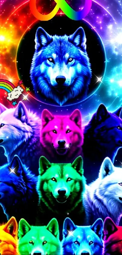 Colorful cosmic wolf pack with galaxy background.