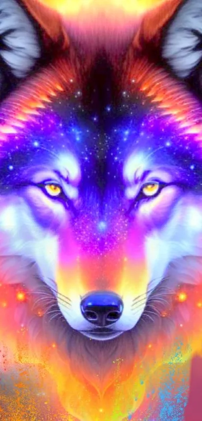 Vibrant cosmic wolf with colorful, mystical design for mobile wallpaper.