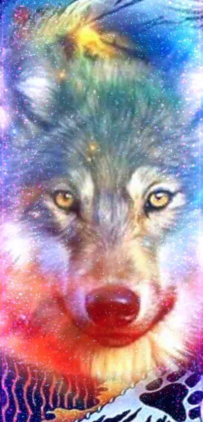 Vibrant cosmic wolf with colorful galaxy background.