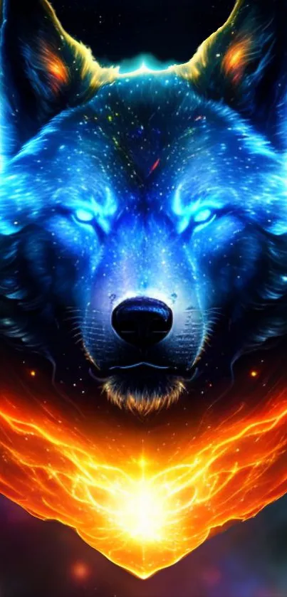 Vibrant cosmic wolf art with blue and orange hues.