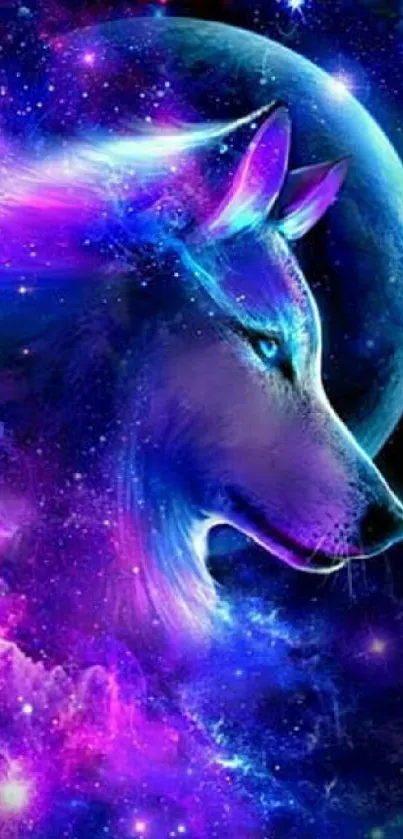 Vibrant cosmic wolf with galaxy background.