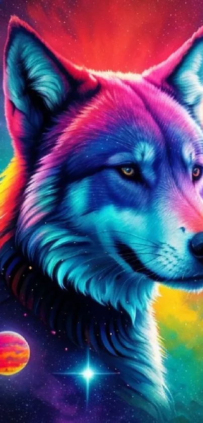 Colorful cosmic wolf with vibrant galaxy background.