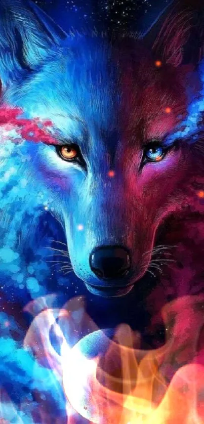 A vibrant cosmic wolf with red and blue hues, set against a starry background.