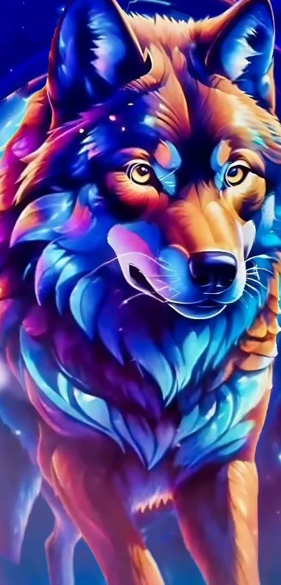 Vibrant cosmic wolf in colorful galaxy art.