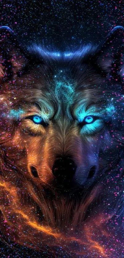 Vibrant cosmic wolf with glowing blue eyes and colorful hues.