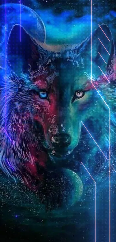 Colorful cosmic wolf with galaxy backdrop. Dark teal dominant hue.