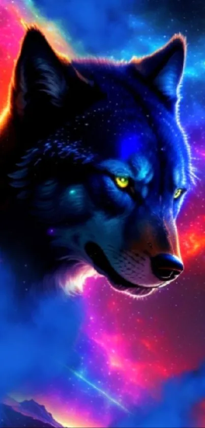 Vibrant cosmic wolf in neon space setting.