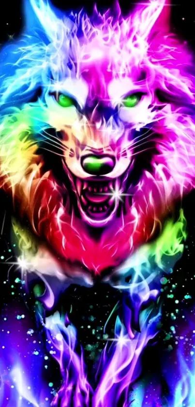 Colorful cosmic wolf in neon rainbow hues with a mystical aura.