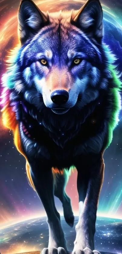 Vibrant cosmic wolf artwork with colorful galaxy background.