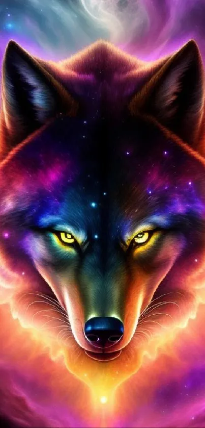 Vibrant cosmic wolf with celestial design in digital art wallpaper.