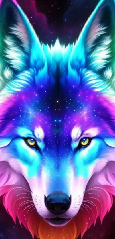 Vibrant neon cosmic wolf with starry galaxy backdrop