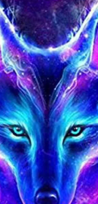 Vibrant cosmic wolf in blue and purple hues on mobile wallpaper.